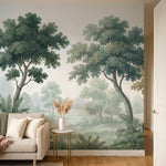 papier peint panoramique tropical foret verdoyante arbres feuillage dense tons v-HERO-8