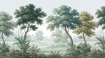 Papier peint panoramique tropical - Forêt verdoyante arbres feuillage dense tons vert sauge et beige sur mesure - Design