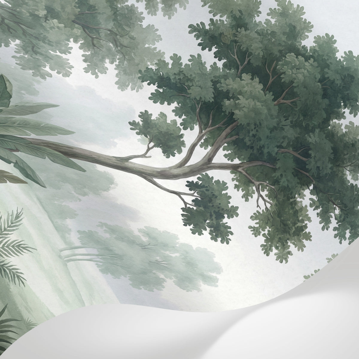 Papier peint panoramique tropical - Forêt verdoyante arbres feuillage dense tons vert sauge et beige sur mesure - Matière