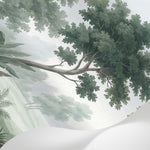 Papier peint panoramique tropical - Forêt verdoyante arbres feuillage dense tons vert sauge et beige sur mesure - Matière