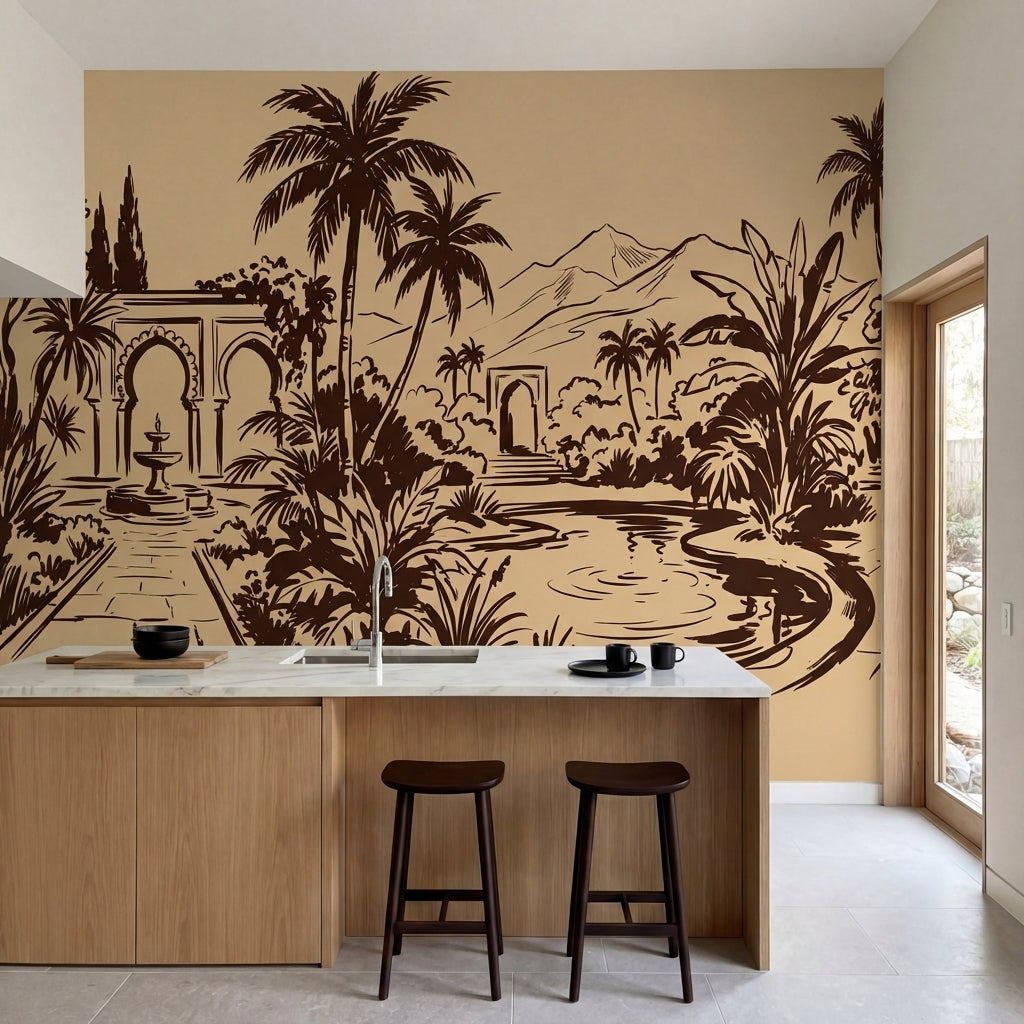 papier peint panoramique tropical jardin mauresque palmiers fontaines arcades fo-1