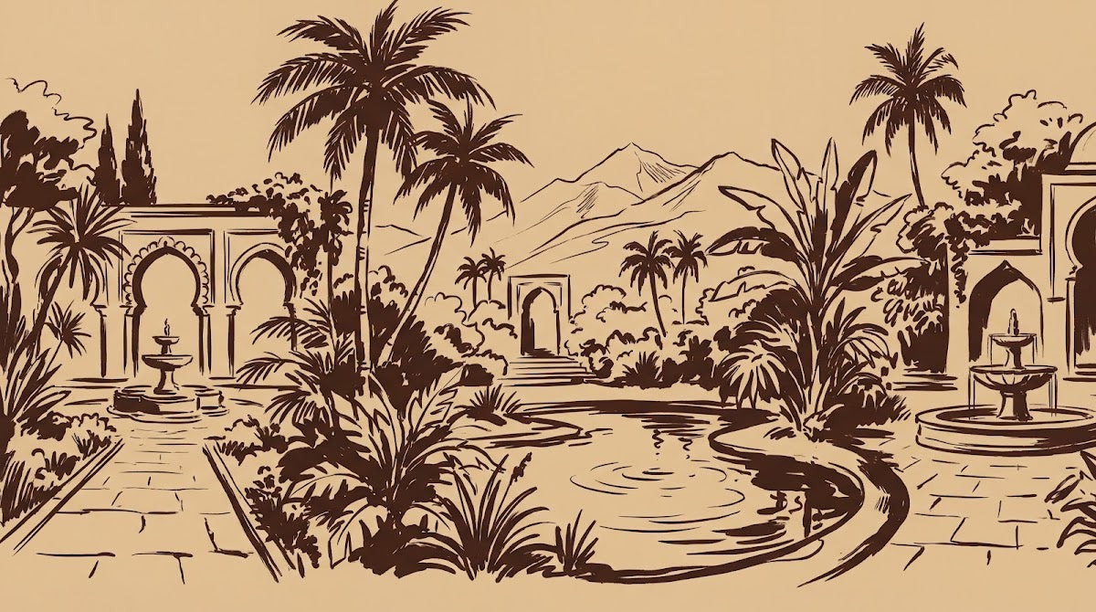 Papier peint panoramique tropical - Jardin mauresque palmiers fontaines arcades fond beige crème et brun sur mesure - Design