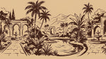 Papier peint panoramique tropical - Jardin mauresque palmiers fontaines arcades fond beige crème et brun sur mesure - Design