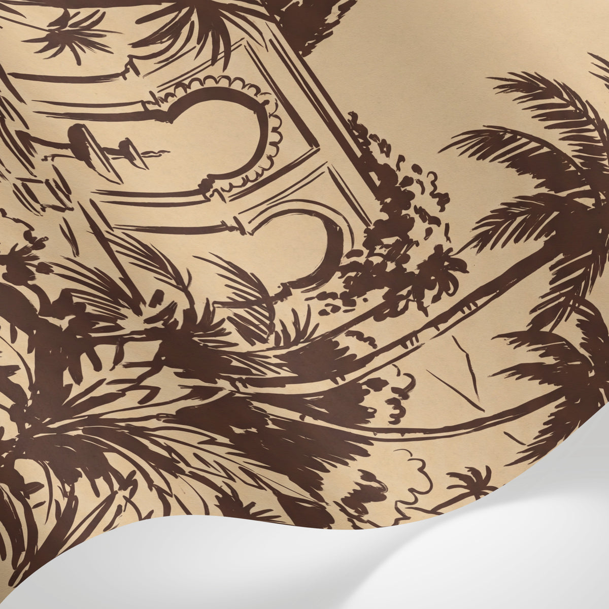 Papier peint panoramique tropical - Jardin mauresque palmiers fontaines arcades fond beige crème et brun sur mesure - Matière
