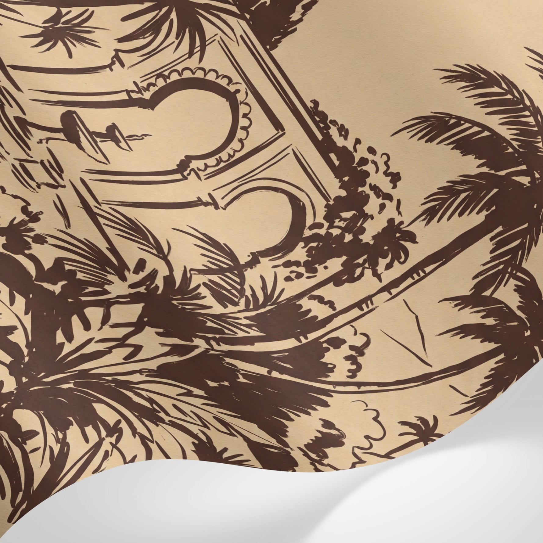 Papier peint panoramique tropical - Jardin mauresque palmiers fontaines arcades fond beige crème et brun sur mesure - Matière