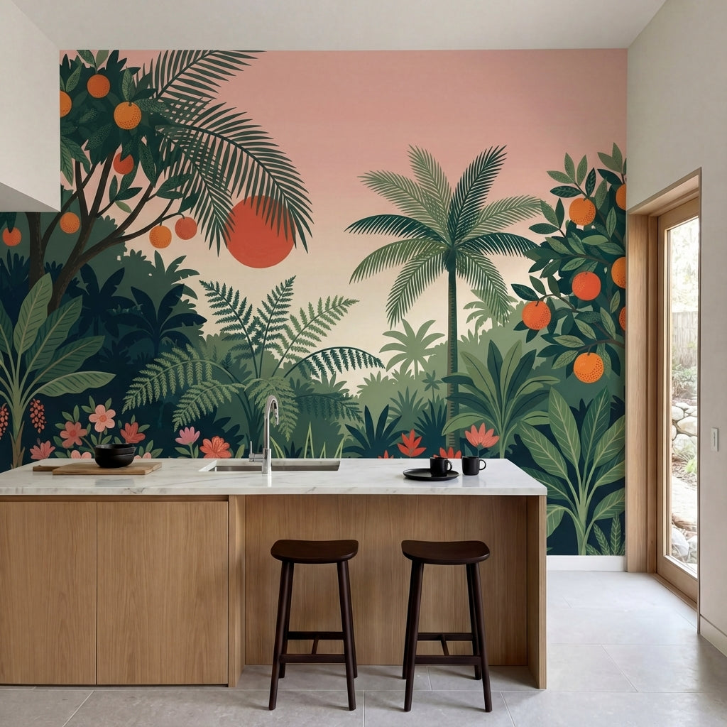 papier peint panoramique tropical jungle palmiers fruits oranges fond rose corai-1