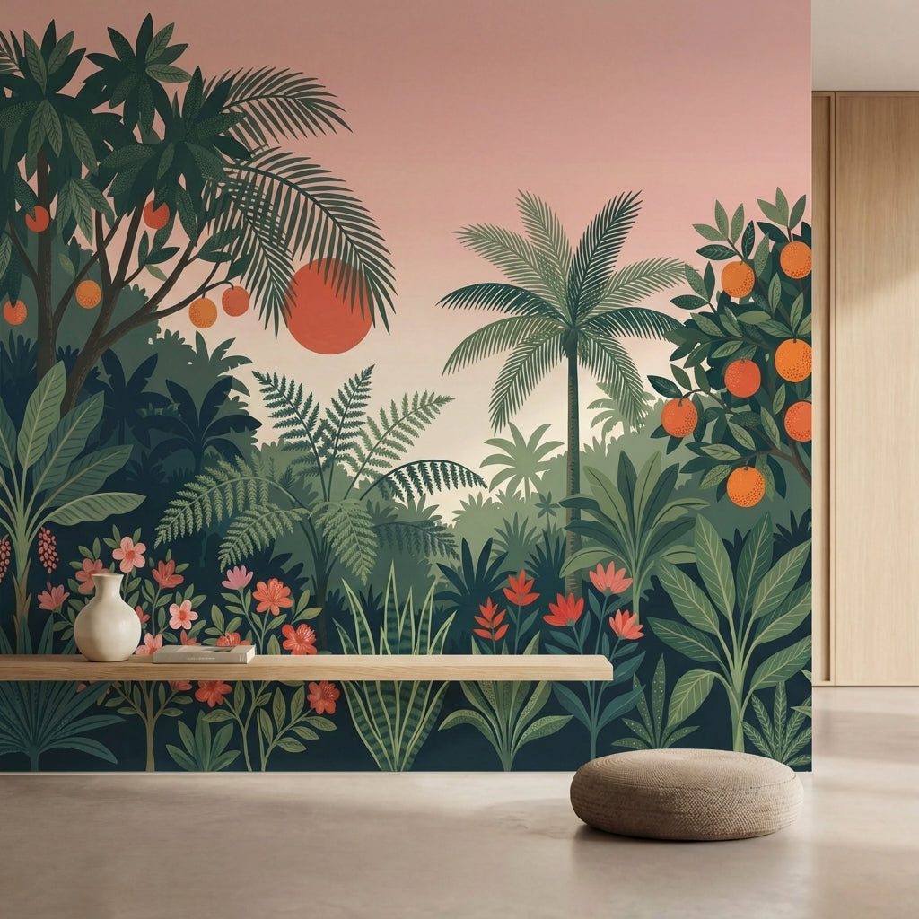 papier peint panoramique tropical jungle palmiers fruits oranges fond rose corai-3