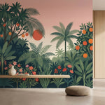 papier peint panoramique tropical jungle palmiers fruits oranges fond rose corai-3