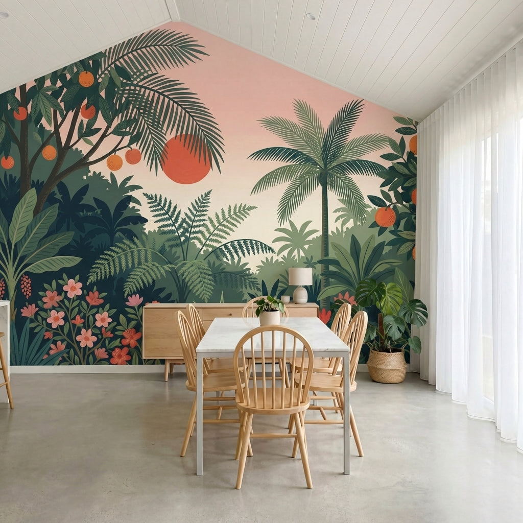 papier peint panoramique tropical jungle palmiers fruits oranges fond rose corai-6