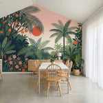 papier peint panoramique tropical jungle palmiers fruits oranges fond rose corai-6