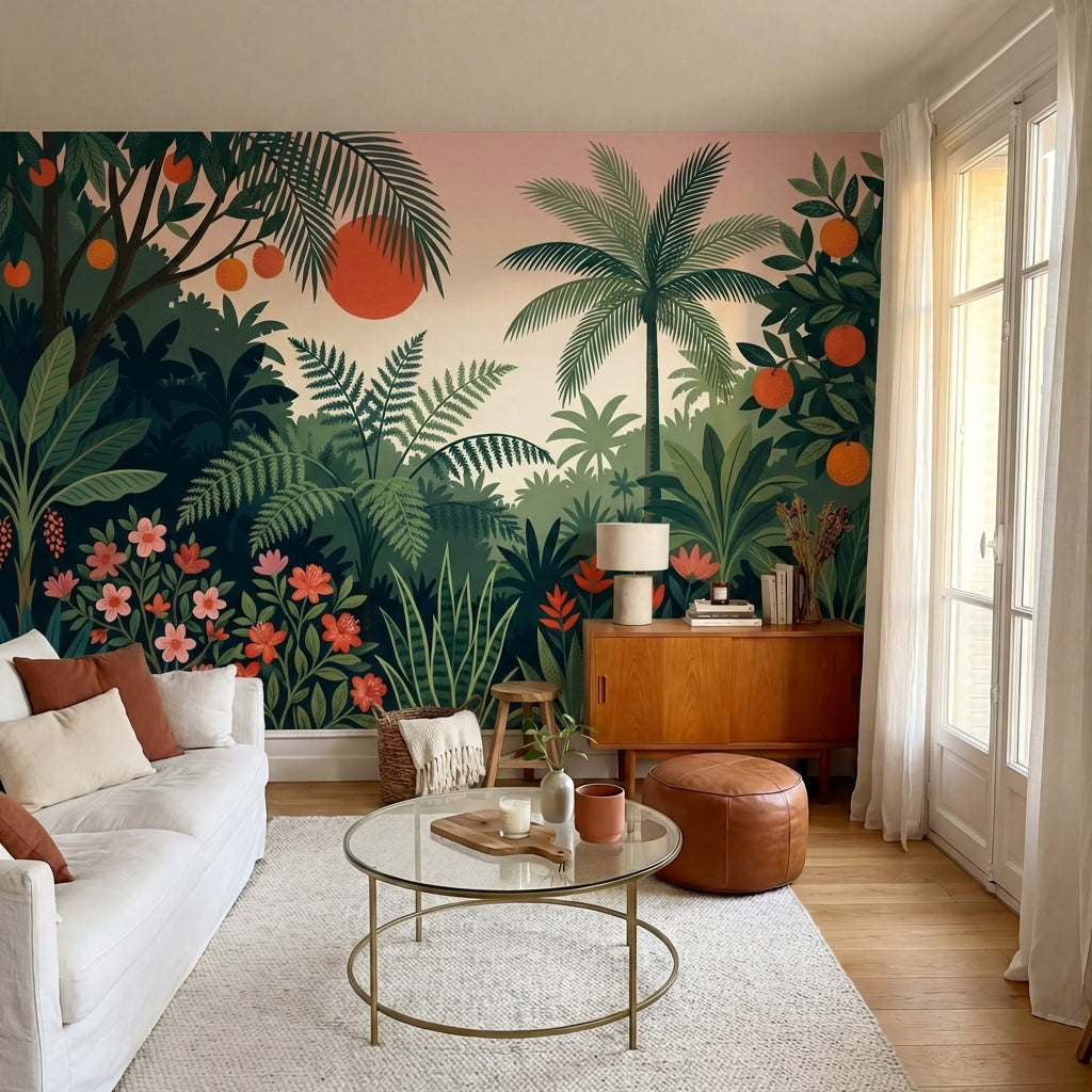 papier peint panoramique tropical jungle palmiers fruits oranges fond rose corai-VARIANTE-8