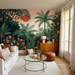 papier peint panoramique tropical jungle palmiers fruits oranges fond rose corai-VARIANTE-8