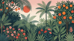 Papier peint panoramique tropical - Jungle palmiers fruits oranges fond rose corail sur mesure - Design