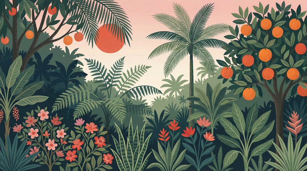 Papier peint panoramique tropical - Jungle palmiers fruits oranges fond rose corail sur mesure - Design