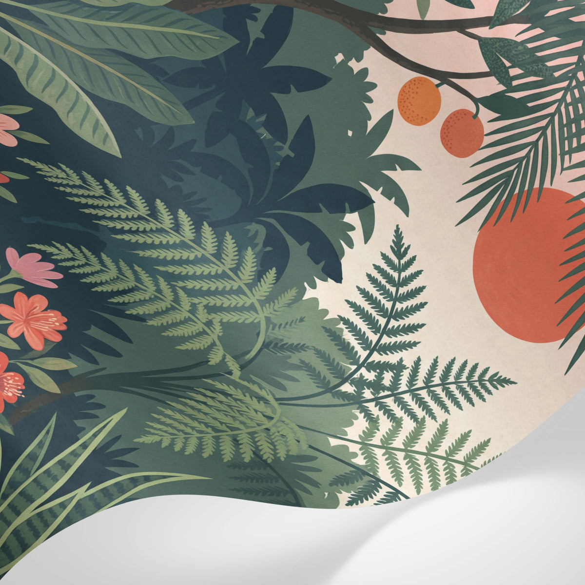 Papier peint panoramique tropical - Jungle palmiers fruits oranges fond rose corail sur mesure - Matière