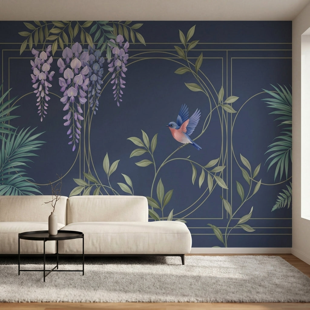 papier peint panoramique tropical oiseau glycines violettes feuilles palmier fon-2