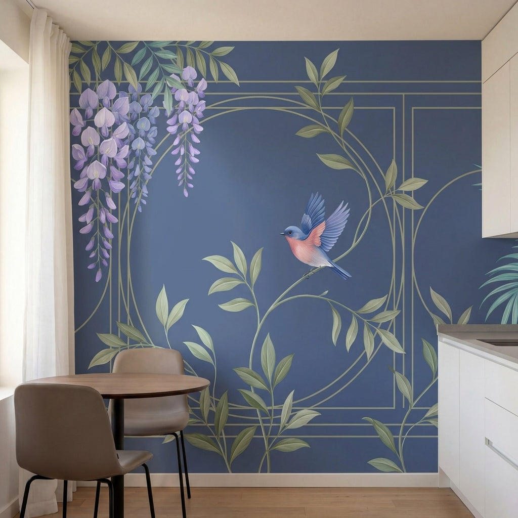 papier peint panoramique tropical oiseau glycines violettes feuilles palmier fon-3