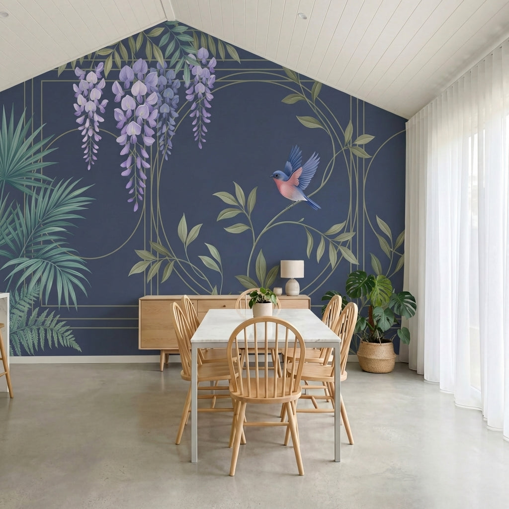 papier peint panoramique tropical oiseau glycines violettes feuilles palmier fon-6