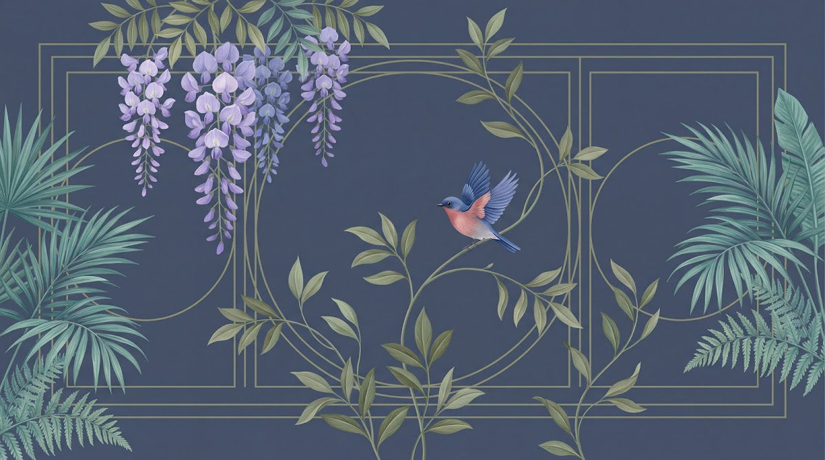 Papier peint panoramique tropical - Oiseau glycines violettes feuilles palmier fond bleu nuit et vert sur mesure - Design