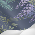 Papier peint panoramique tropical - Oiseau glycines violettes feuilles palmier fond bleu nuit et vert sur mesure - Matière