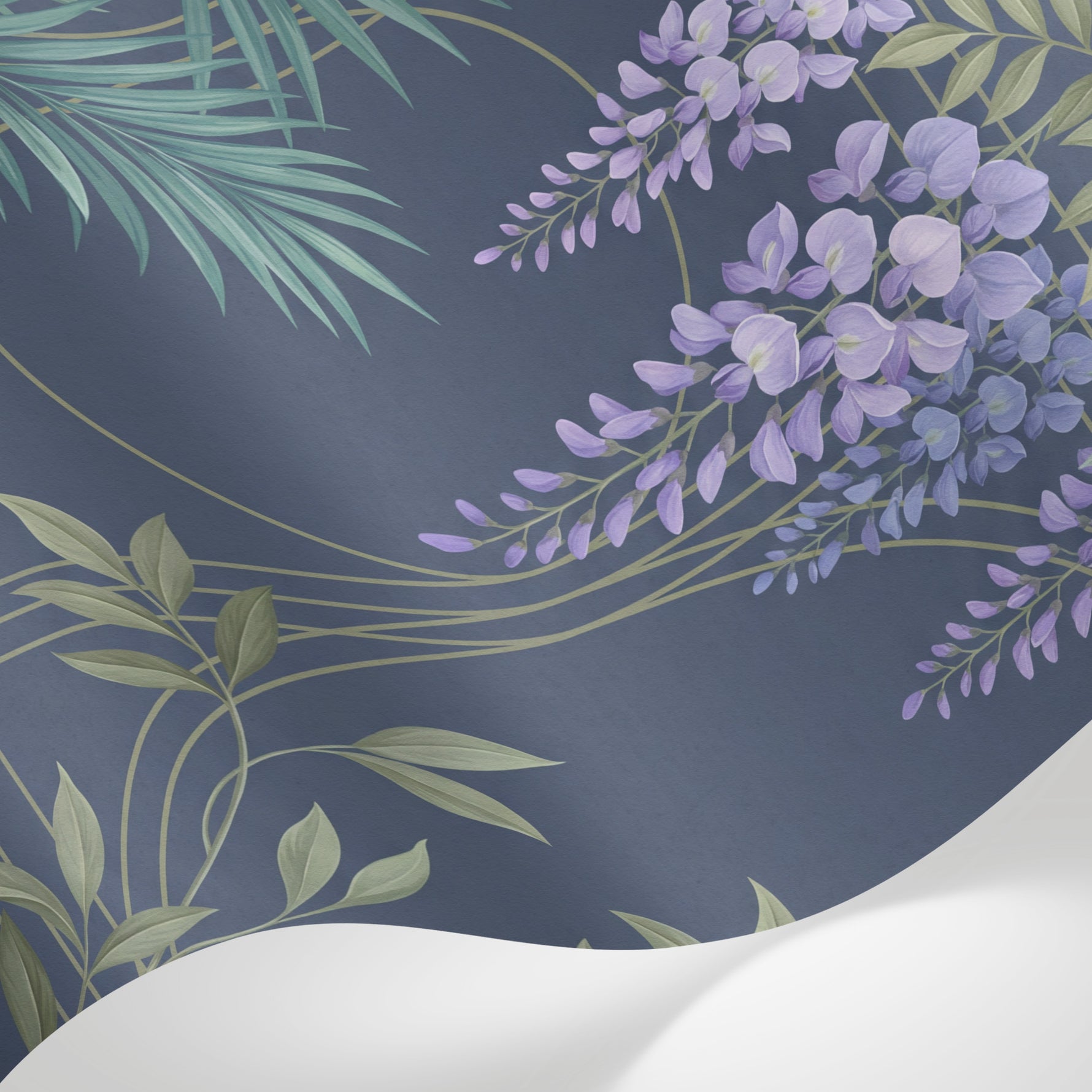 Papier peint panoramique tropical - Oiseau glycines violettes feuilles palmier fond bleu nuit et vert sur mesure - Matière