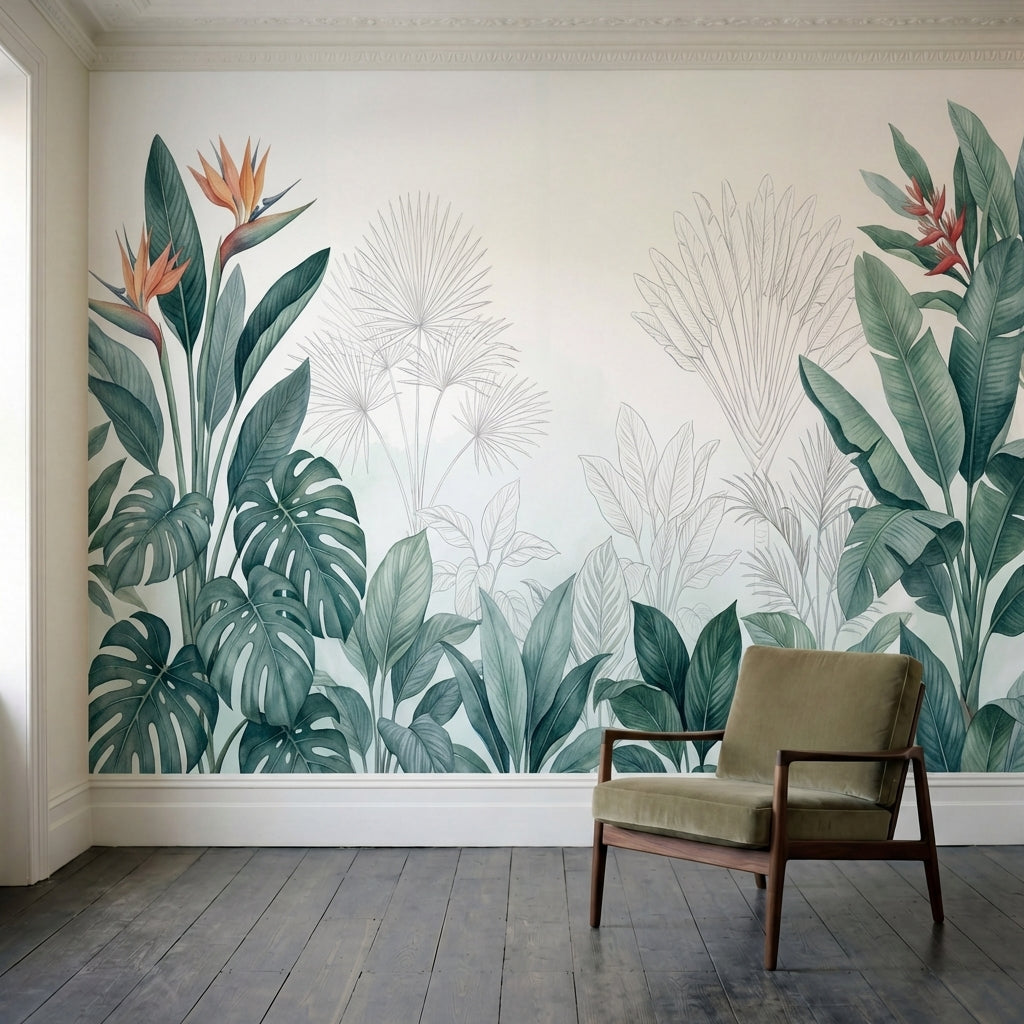 papier peint panoramique tropical oiseaux paradis bananier feuillage exotique fo-1