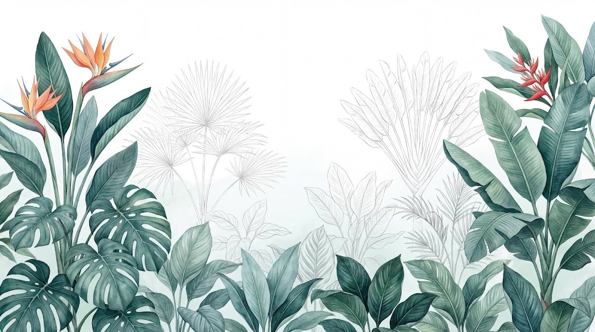 Papier peint panoramique tropical - Oiseaux paradis bananier feuillage exotique fond blanc crème et vert sauge sur mesure - Design