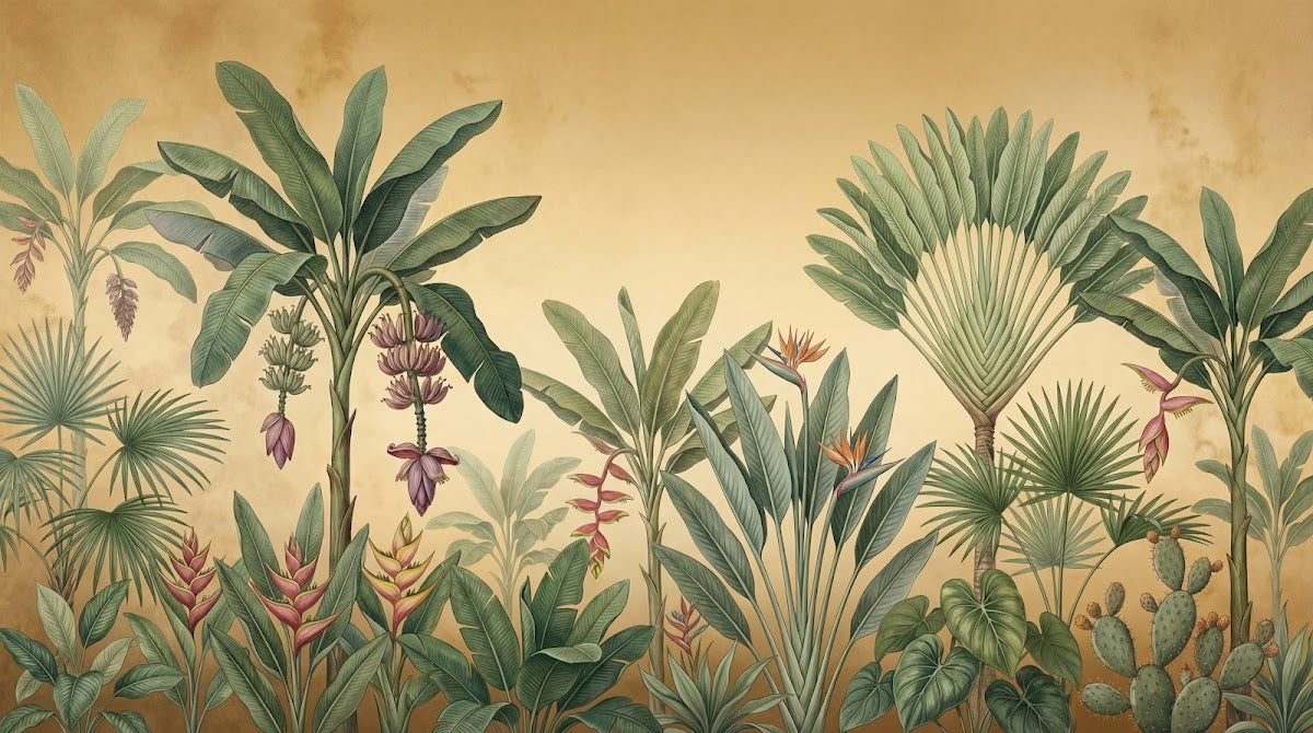 Papier peint panoramique tropical - Palmiers bananier cactus oiseaux paradis fond beige doré vintage sur mesure - Design