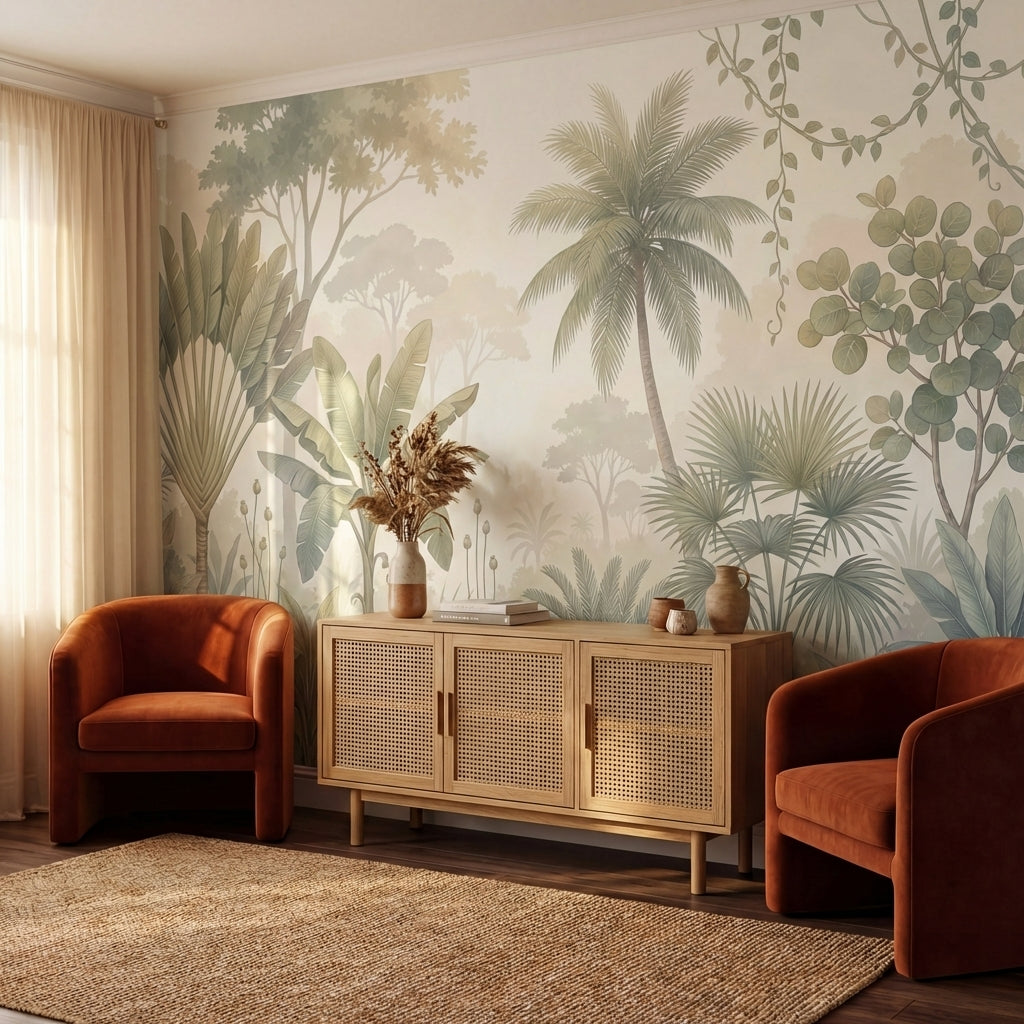 papier peint panoramique tropical palmiers bananier eucalyptus lianes suspendues-6
