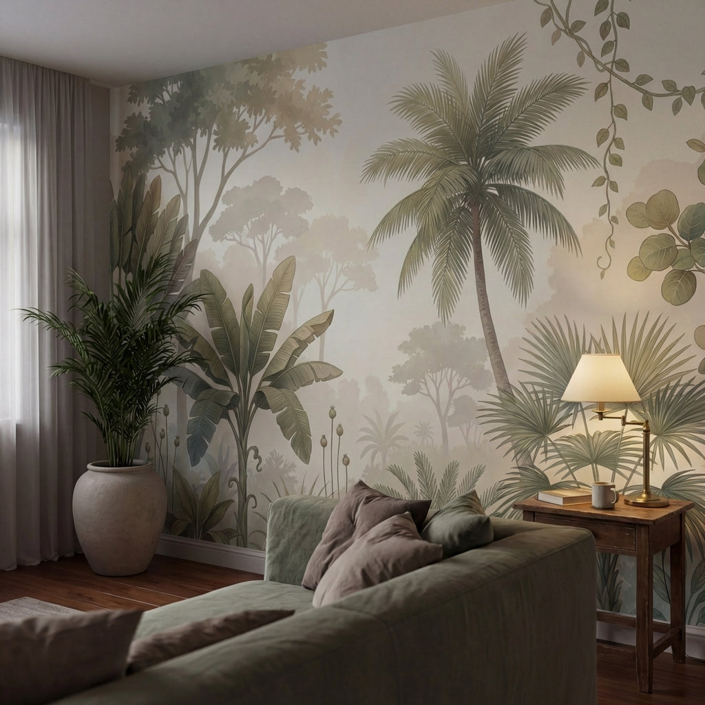 papier peint panoramique tropical palmiers bananier eucalyptus lianes suspendues-7