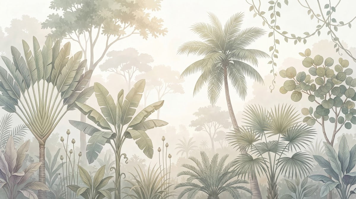 Papier peint panoramique tropical - Palmiers bananier eucalyptus lianes suspendues fond beige crème sur mesure - Design