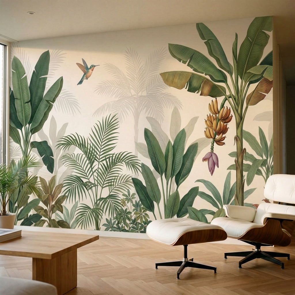 papier peint panoramique tropical palmiers bananiers colibri feuillage luxuriant-1