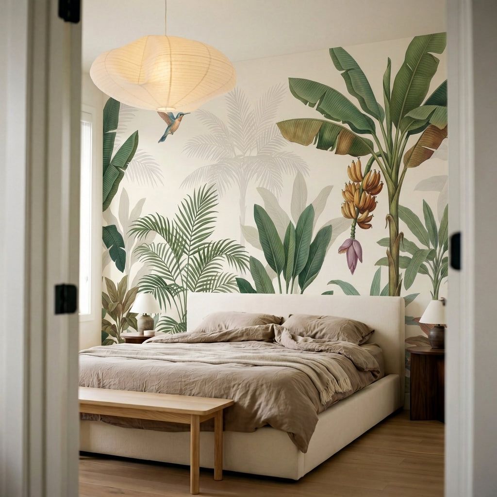 papier peint panoramique tropical palmiers bananiers colibri feuillage luxuriant-6