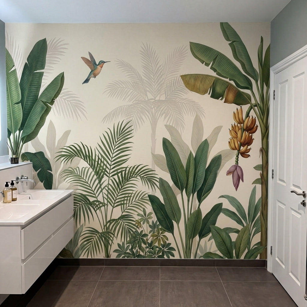papier peint panoramique tropical palmiers bananiers colibri feuillage luxuriant-7