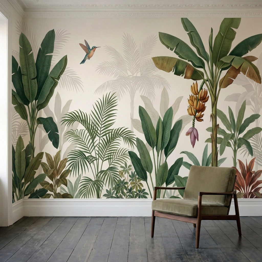 papier peint panoramique tropical palmiers bananiers colibri feuillage luxuriant-HERO-7