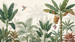Papier peint panoramique tropical - Palmiers bananiers colibri feuillage luxuriant tons vert sauge et beige crème sur mesure - Design