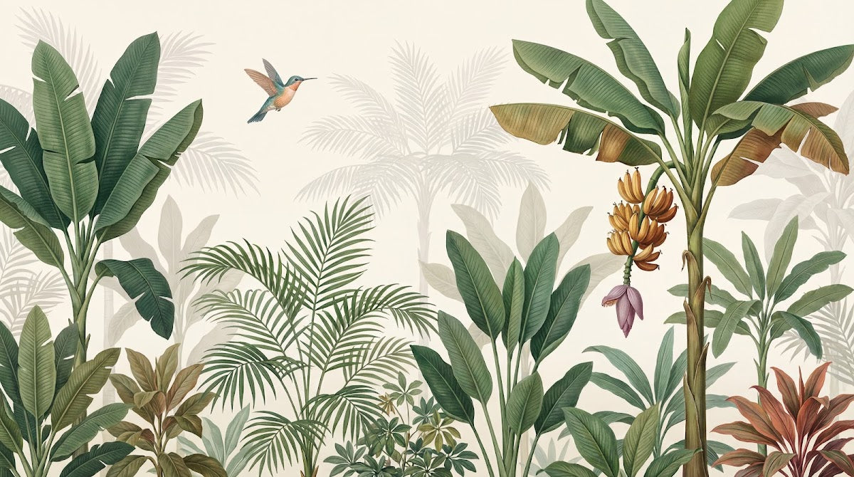 Papier peint panoramique tropical - Palmiers bananiers colibri feuillage luxuriant tons vert sauge et beige crème sur mesure - Design