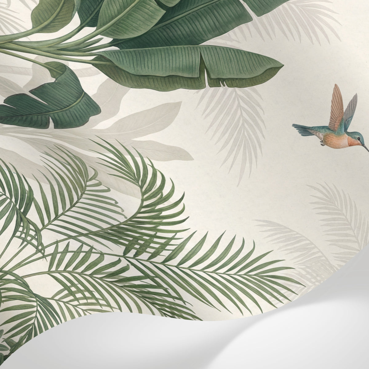 Papier peint panoramique tropical - Palmiers bananiers colibri feuillage luxuriant tons vert sauge et beige crème sur mesure - Matière