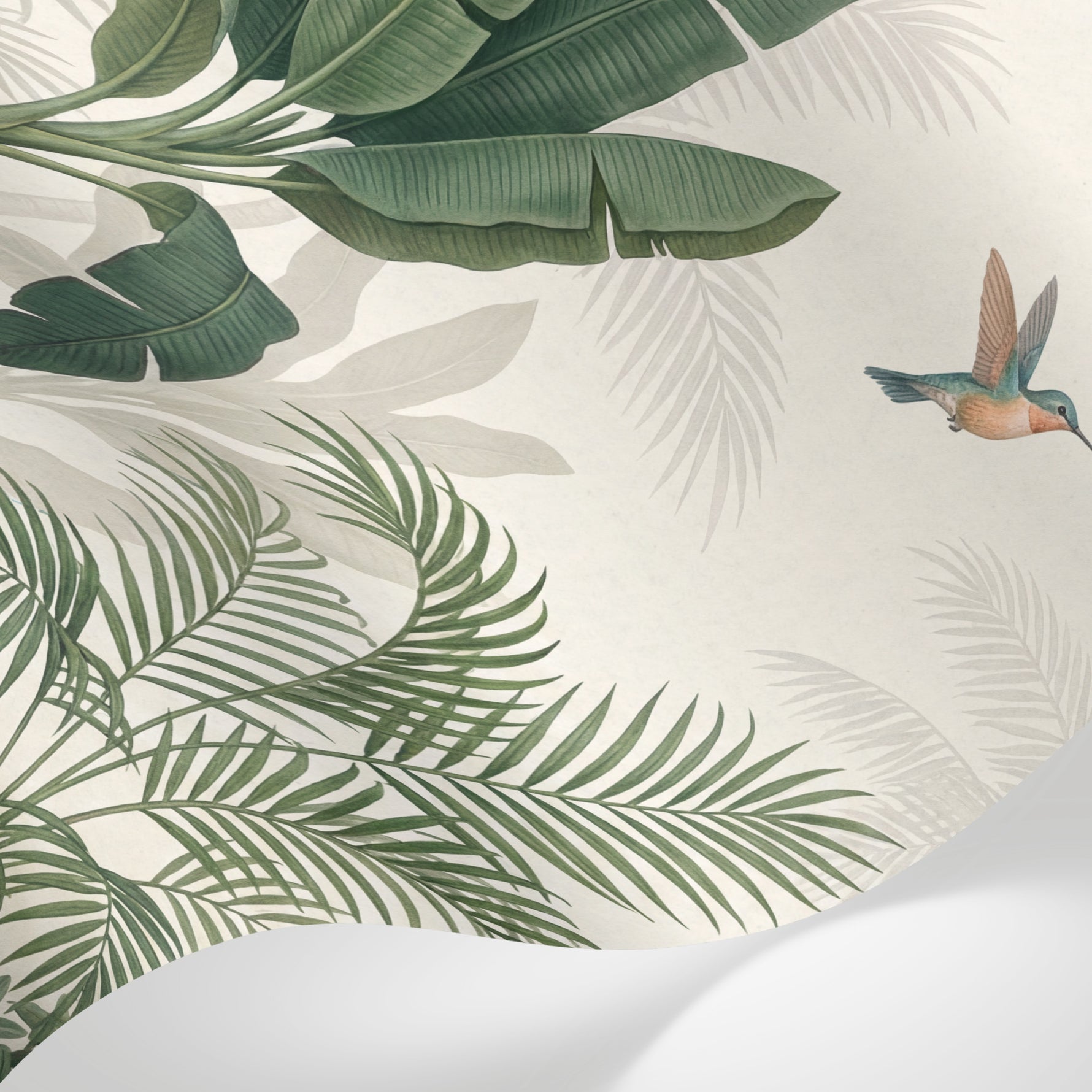 Papier peint panoramique tropical - Palmiers bananiers colibri feuillage luxuriant tons vert sauge et beige crème sur mesure - Matière