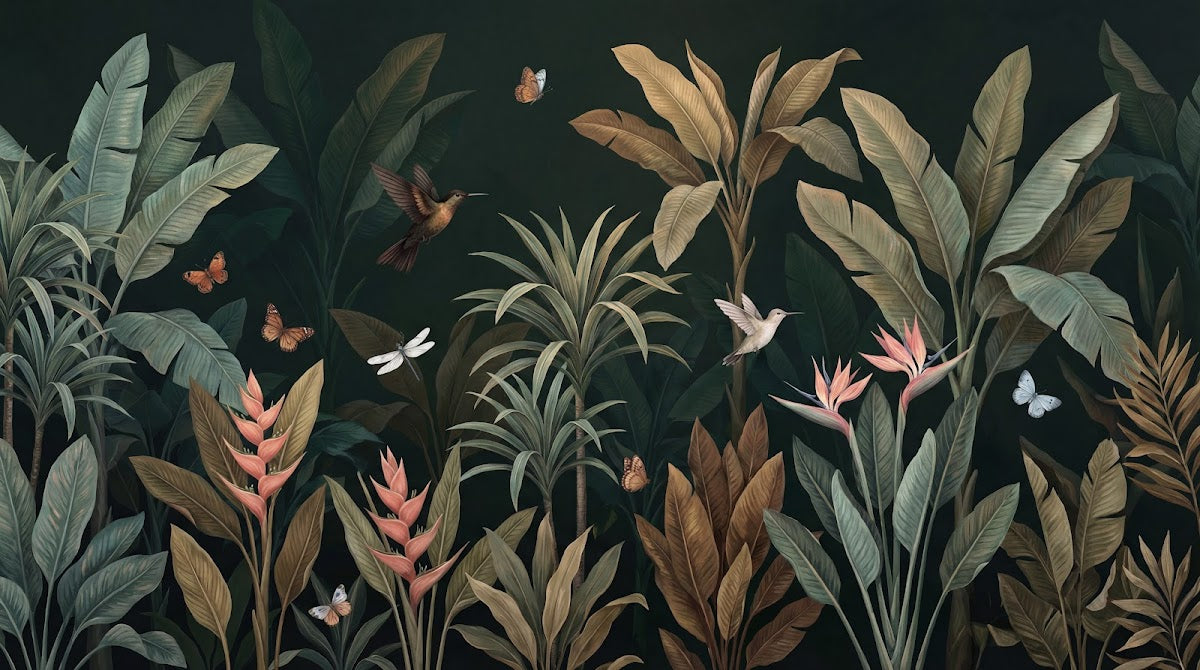 Papier peint panoramique tropical - Palmiers bananiers colibris papillons feuillage luxuriant fond vert sapin sur mesure - Design