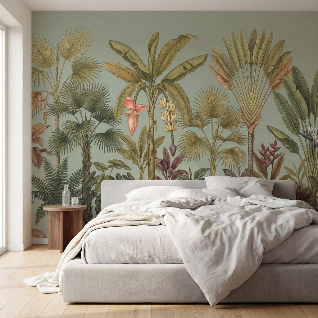 papier peint panoramique tropical palmiers bananiers feuillage exotique tons ver-3
