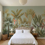 papier peint panoramique tropical palmiers bananiers feuillage exotique tons ver-4