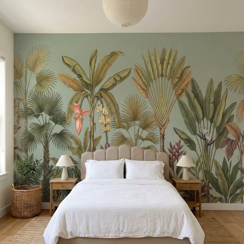 papier peint panoramique tropical palmiers bananiers feuillage exotique tons ver-4