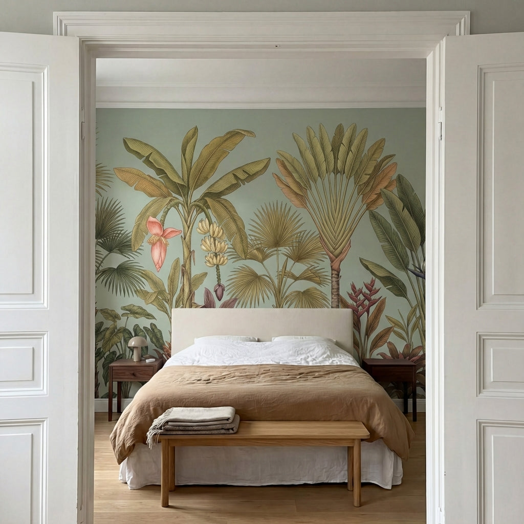 papier peint panoramique tropical palmiers bananiers feuillage exotique tons ver-6