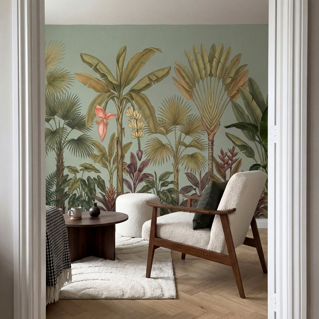 papier peint panoramique tropical palmiers bananiers feuillage exotique tons ver-VARIANTE-9