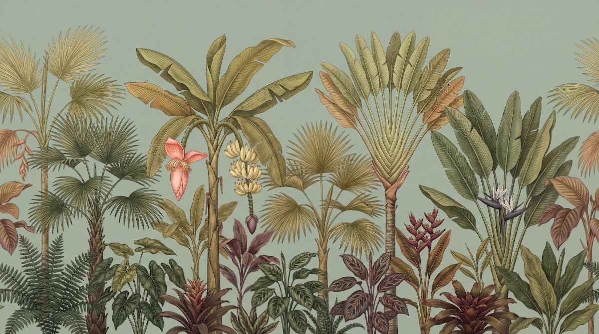 Papier peint panoramique tropical - Palmiers bananiers feuillage exotique tons vert sauge et corail sur mesure - Design