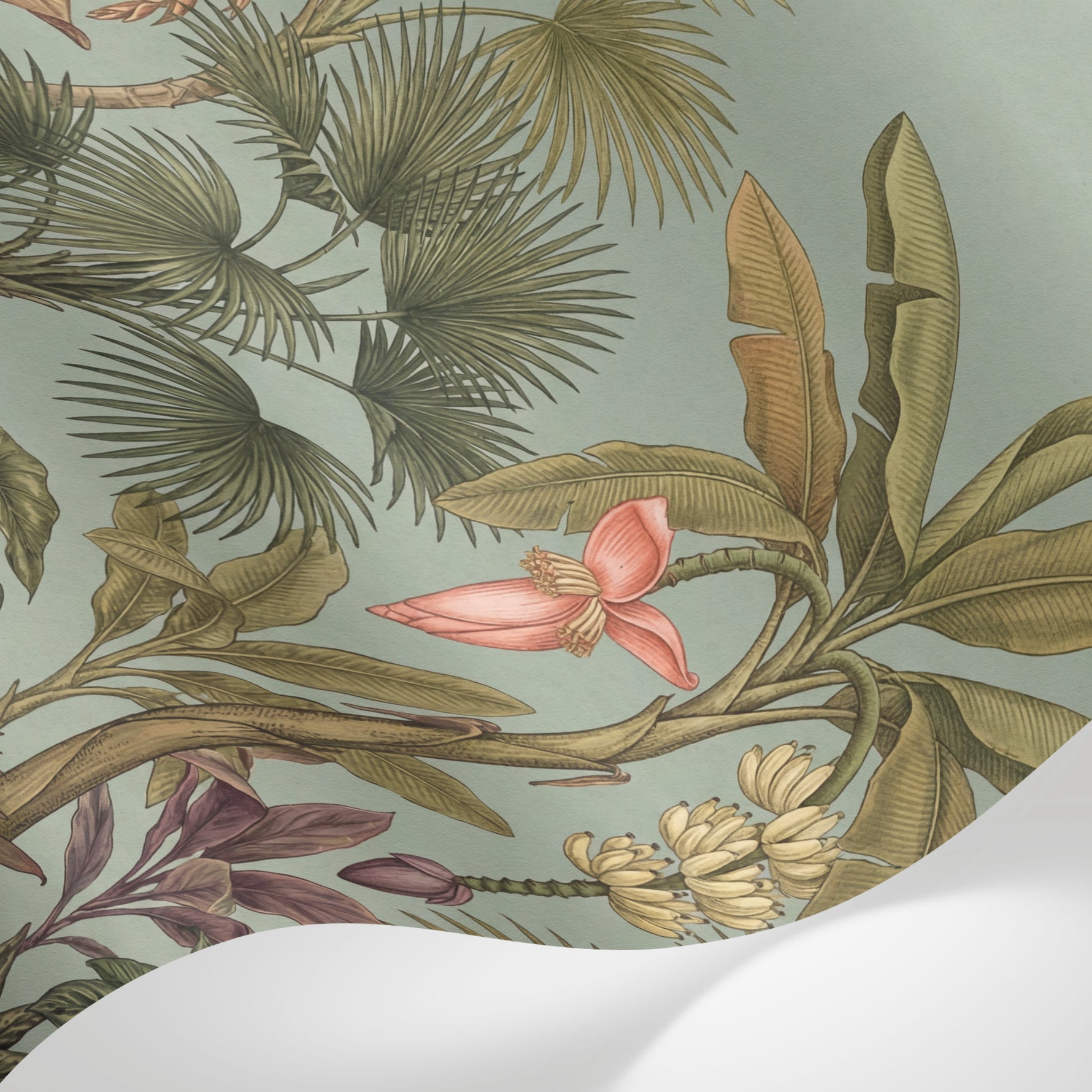 Papier peint panoramique tropical - Palmiers bananiers feuillage exotique tons vert sauge et corail sur mesure - Matière