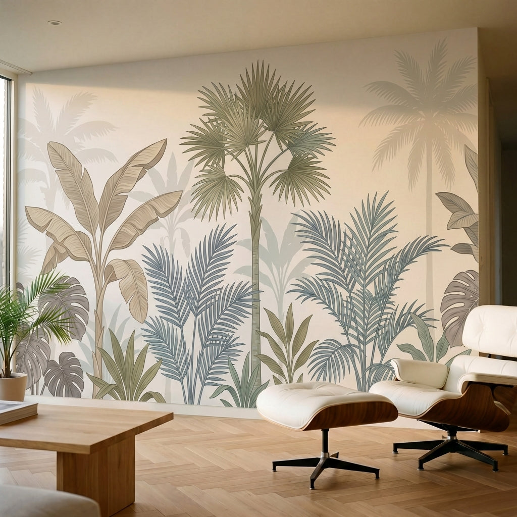 papier peint panoramique tropical palmiers bananiers feuillage superpose tons be-1