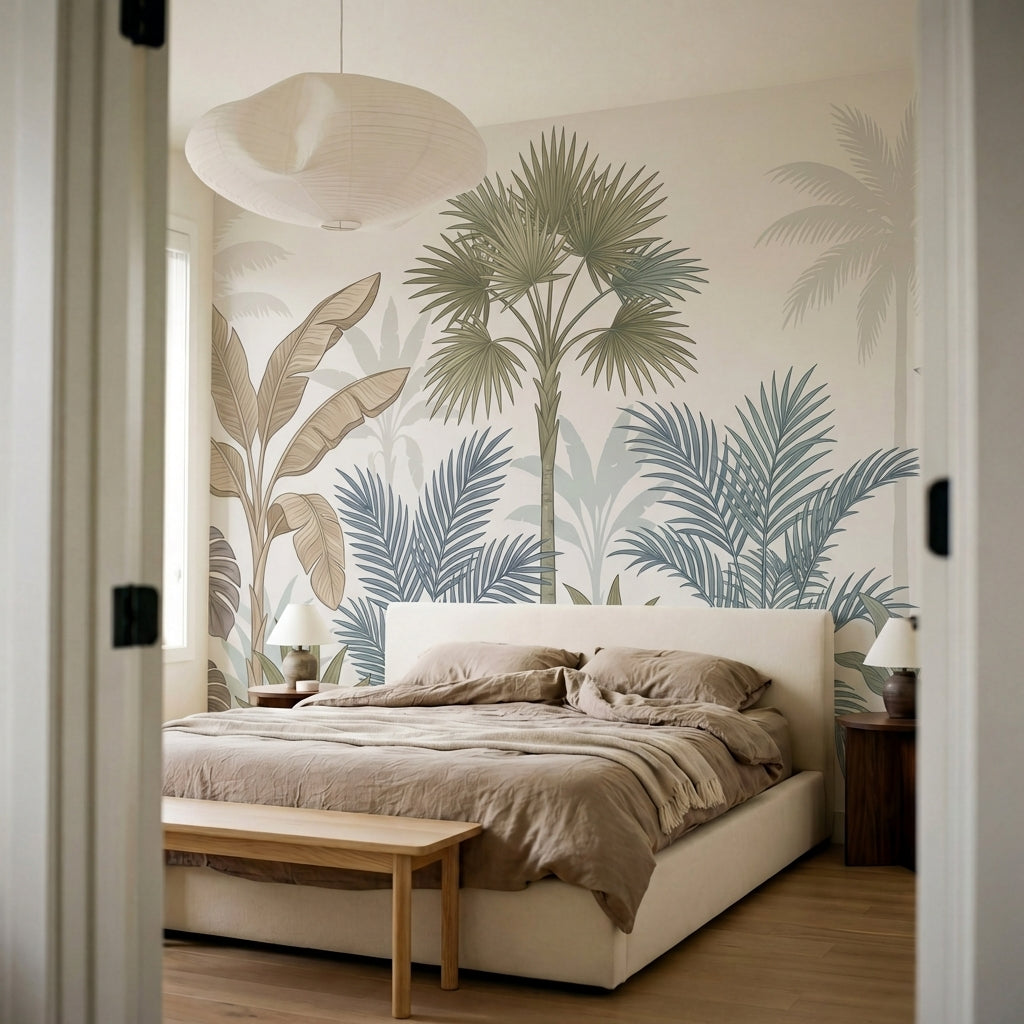 papier peint panoramique tropical palmiers bananiers feuillage superpose tons be-7