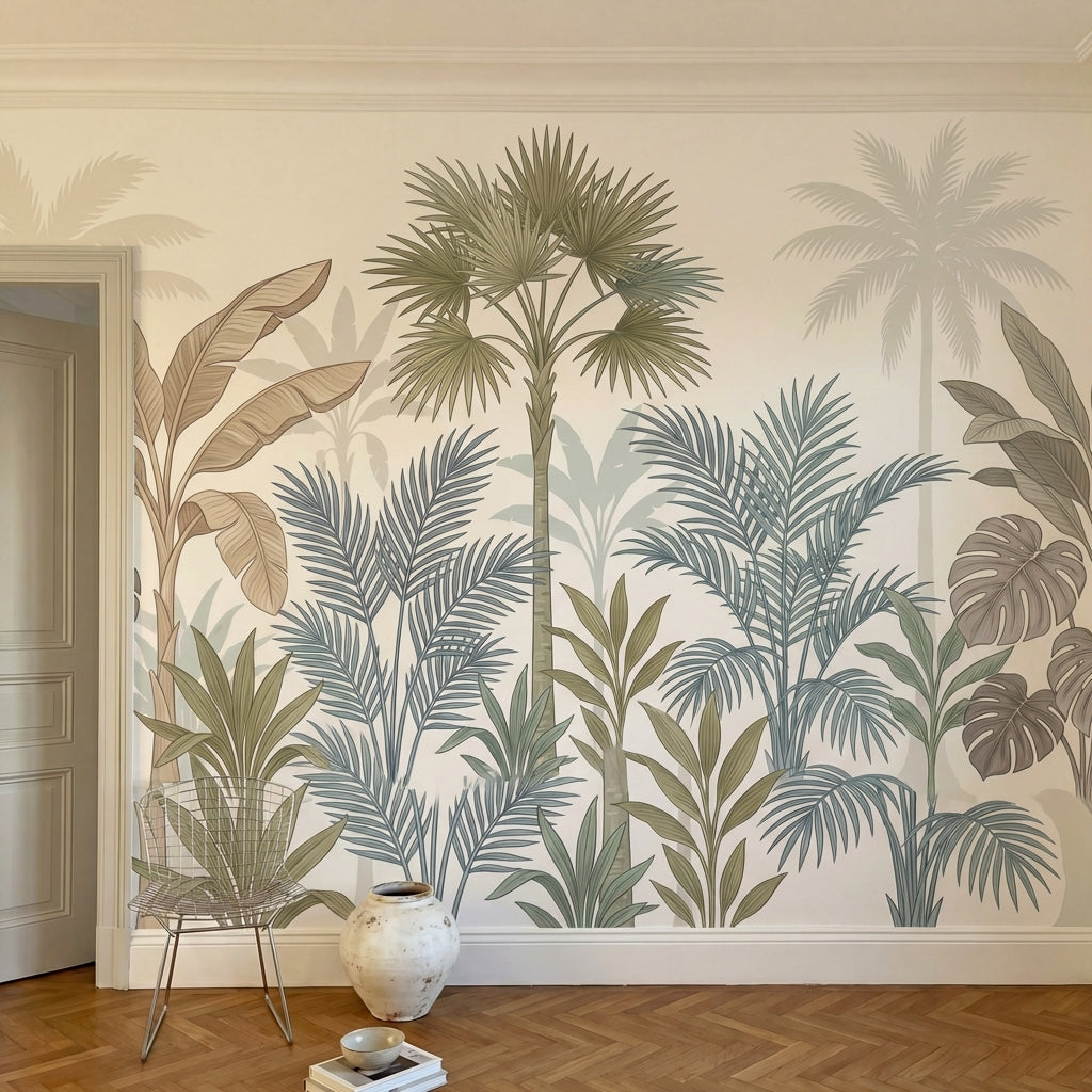 papier peint panoramique tropical palmiers bananiers feuillage superpose tons be-HERO-10